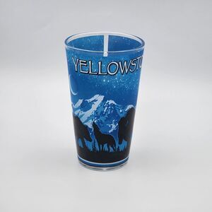 Yellowstone Pint Glass Blue Scenic Mountain Wildlife Moose Bear Wolf Collectible